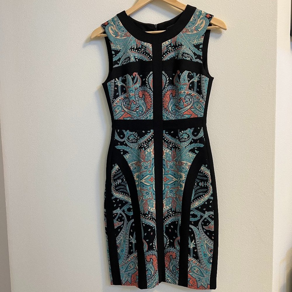 BCBGMaxAzria Paisley Color Block Sheath Dress — Black Teal Coral, Size 2